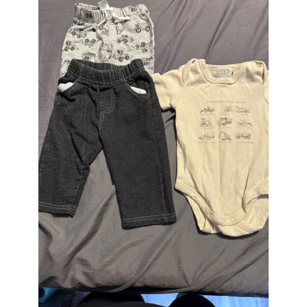 C37 Organics Baby Boy 3 Piece Bundle Construction Bodysuit and Pants Set 3-6M